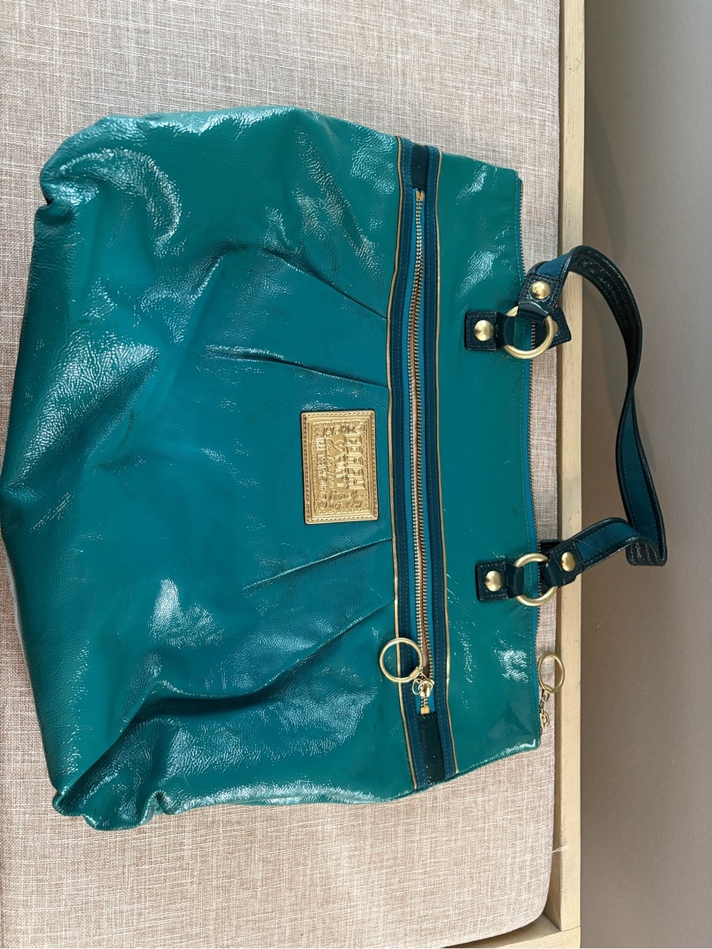 Coach Teal Patent Leather Tote with Gold Hardware